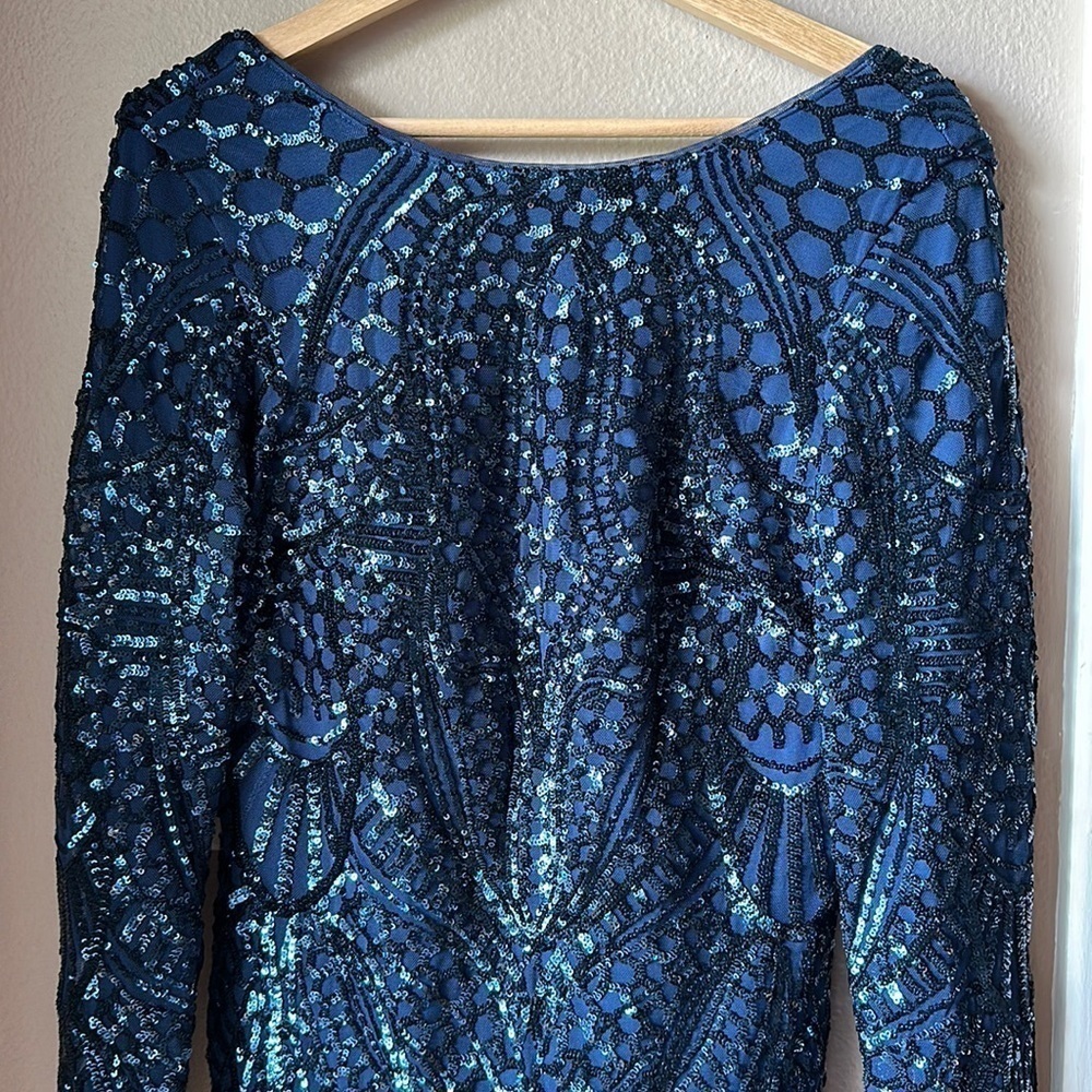 NIGHT WAY Blue Sequin Long Sleeve High Neck Midi Party Dress